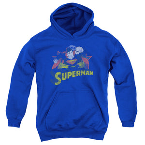 AN OFFCIALLY LICENSED JLA SUPERMAN ROUGH DISTRESS YOUTH HOODIE ROYAL