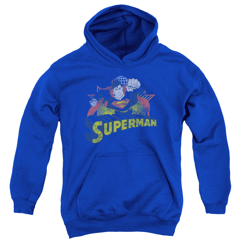 AN OFFCIALLY LICENSED JLA SUPERMAN ROUGH DISTRESS YOUTH HOODIE ROYAL