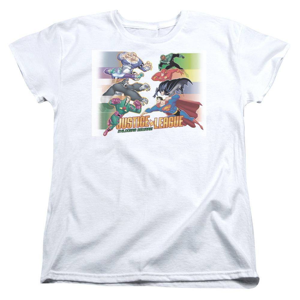 AN OFFCIALLY LICENSED JLA EVILDOERS BEWARE WOMEN'S REGULAR FIT T-SHIRT WHITE