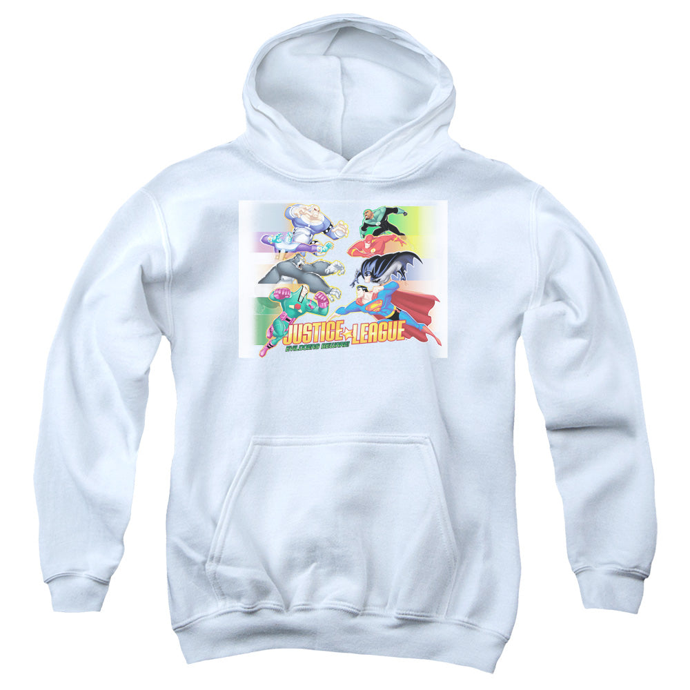 AN OFFCIALLY LICENSED JLA EVILDOERS BEWARE YOUTH HOODIE WHITE