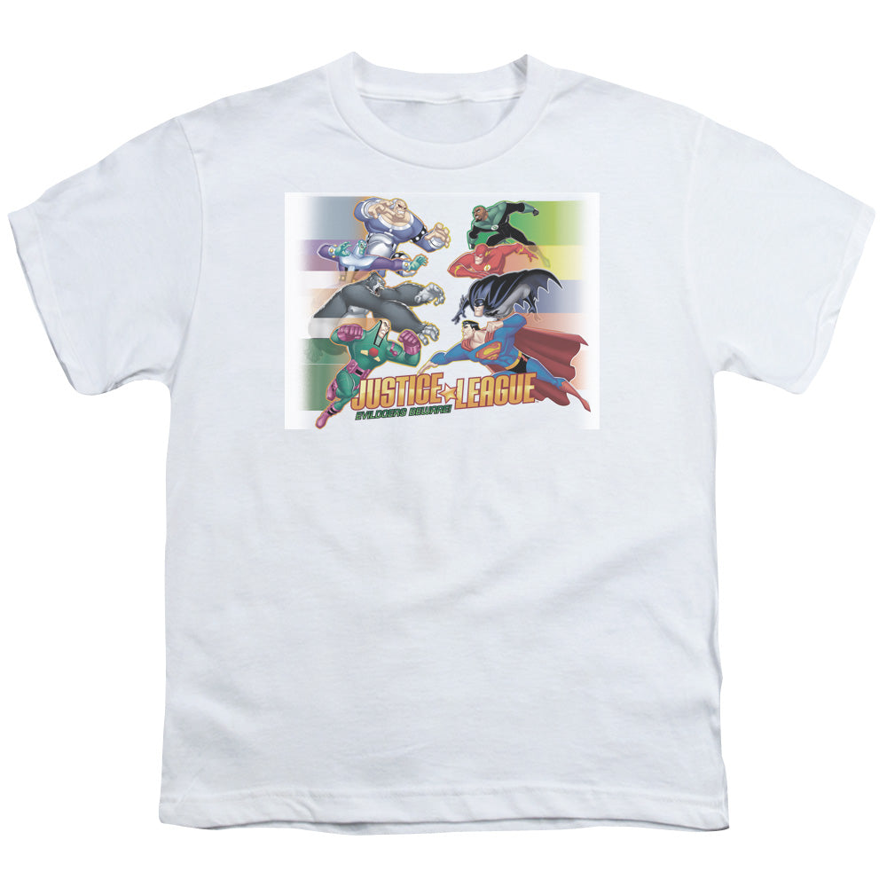 JLA Evildoers Beware Licensed Kid's T-Shirt (Ages 4-7) XS-XL
