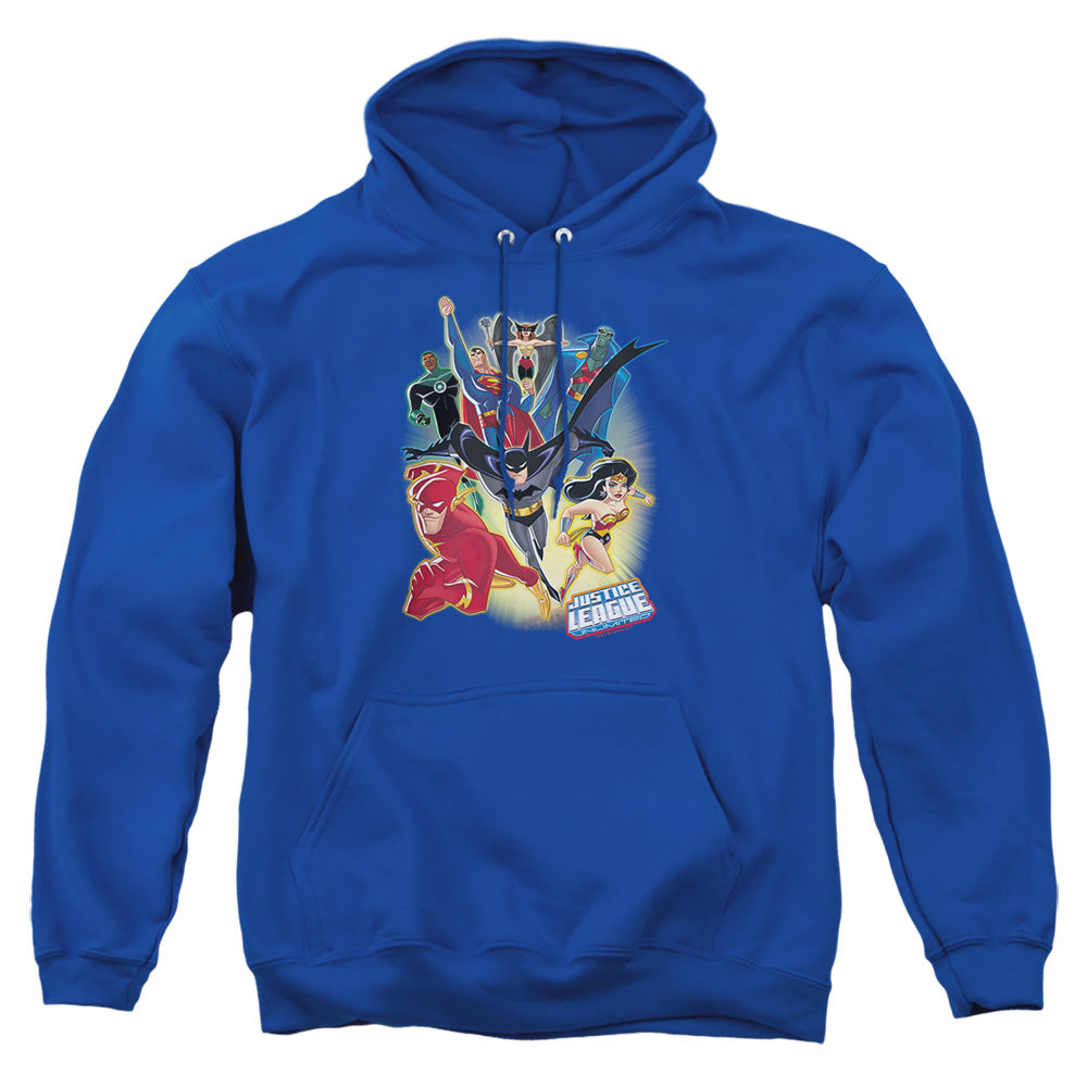 AN OFFCIALLY LICENSED JLA UNLIMITED ADULT UNISEX PULLOVER HOODIE ROYAL
