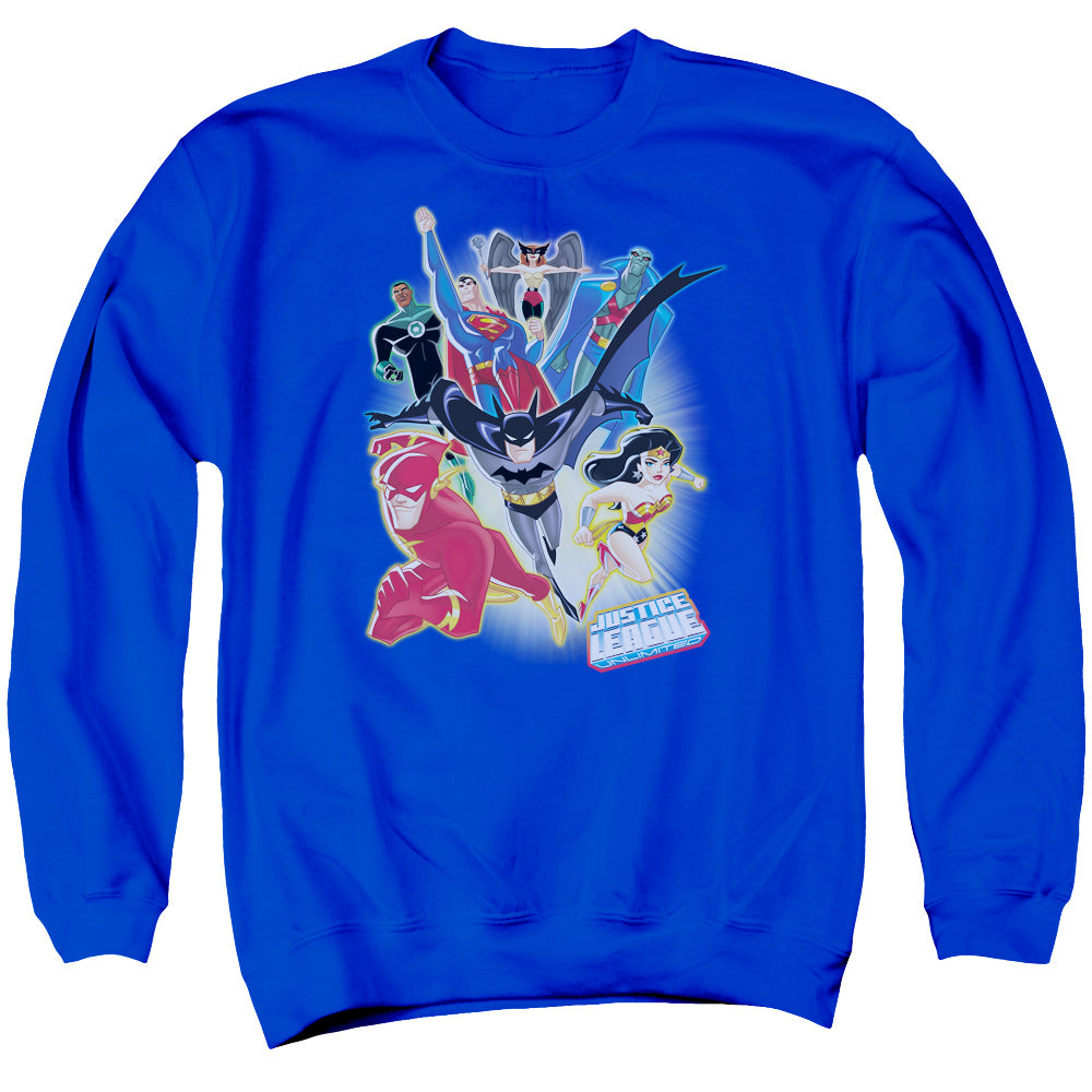 AN OFFCIALLY LICENSED JLA UNLIMITED ADULT UNISEX CREWNECK SWEATSHIRT ROYAL