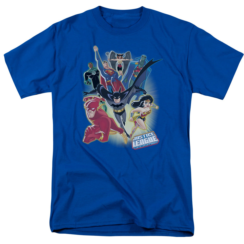 AN OFFCIALLY LICENSED JLA UNLIMITED MEN'S REGULAR FIT T-SHIRT ROYAL