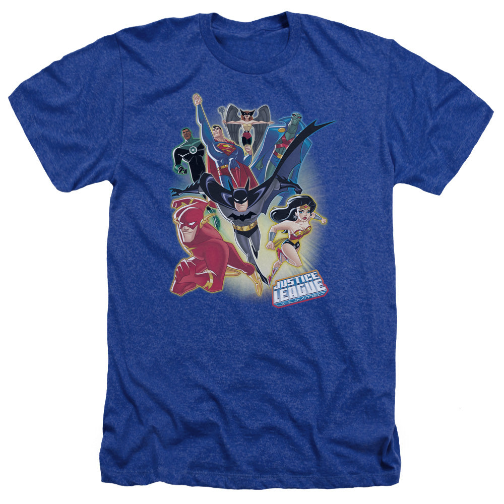 AN OFFCIALLY LICENSED JLA UNLIMITED MEN'S HEATHER T-SHIRT ROYAL