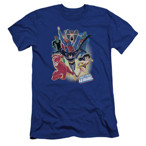 AN OFFCIALLY LICENSED JLA UNLIMITED MEN'S PREMIUM SLIM FIT T-SHIRT ROYAL