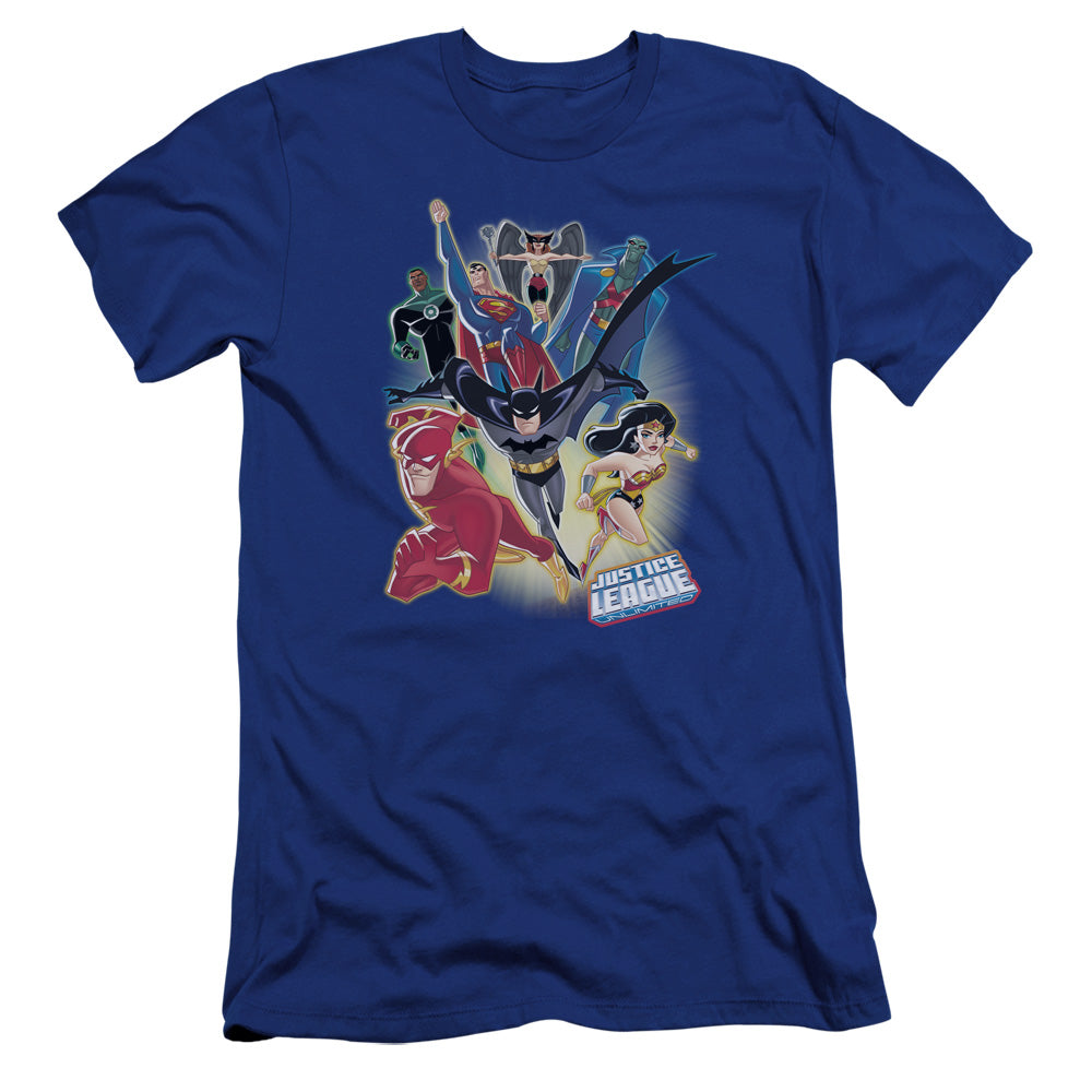AN OFFCIALLY LICENSED JLA UNLIMITED MEN'S PREMIUM SLIM FIT T-SHIRT ROYAL