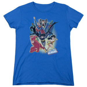 AN OFFCIALLY LICENSED JLA UNLIMITED WOMEN'S REGULAR FIT T-SHIRT ROYAL