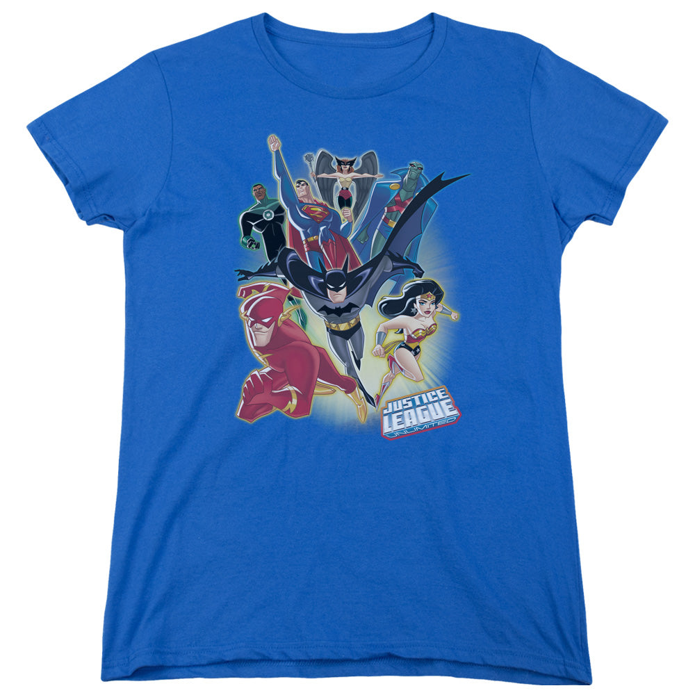 AN OFFCIALLY LICENSED JLA UNLIMITED WOMEN'S REGULAR FIT T-SHIRT ROYAL