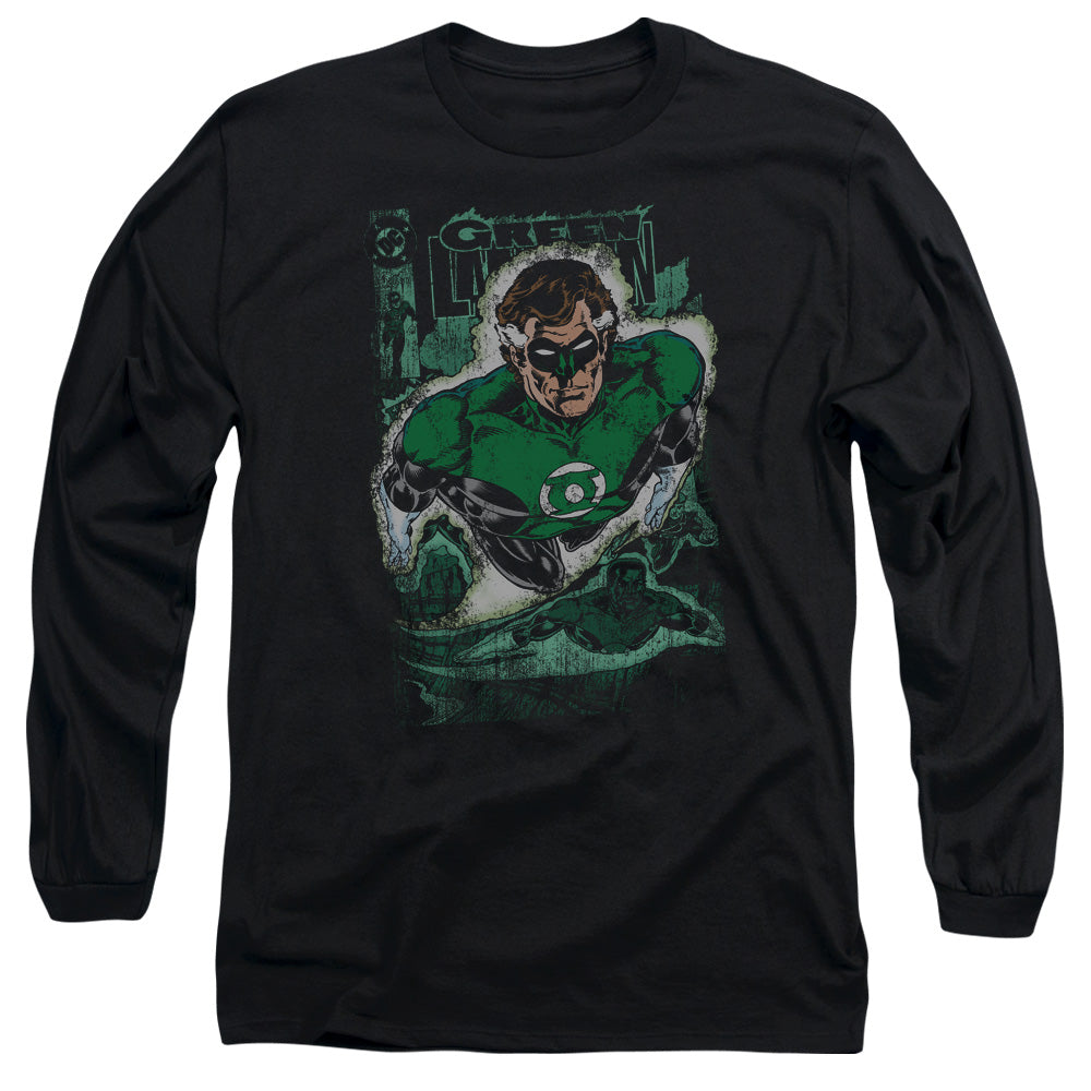 AN OFFCIALLY LICENSED JLA GREEN LANTERN #1 DISTRESS MEN'S LONG SLEEVE T-SHIRT BLACK