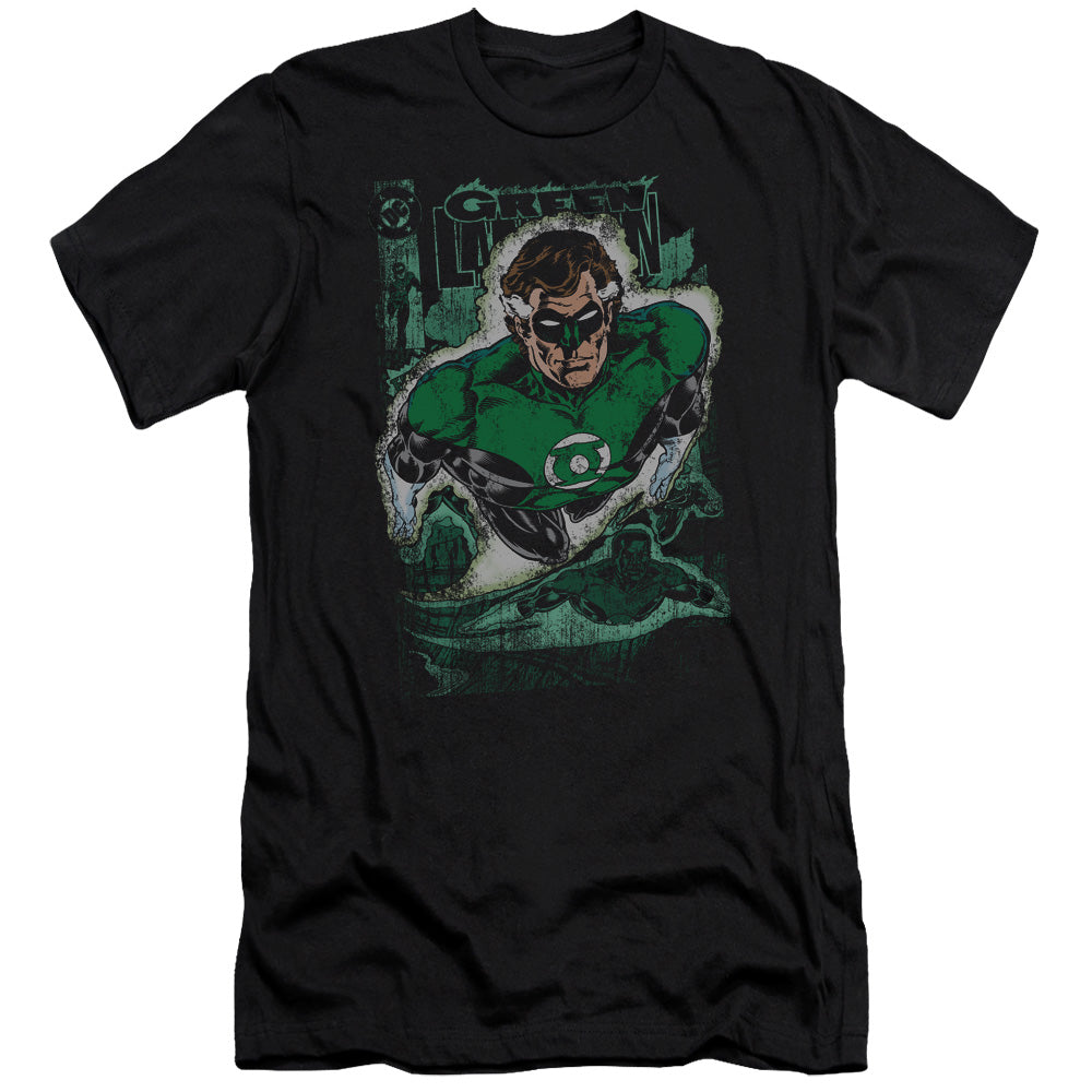AN OFFCIALLY LICENSED JLA GREEN LANTERN #1 DISTRESS MEN'S PREMIUM SLIM FIT T-SHIRT BLACK