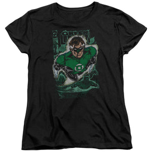 AN OFFCIALLY LICENSED JLA GREEN LANTERN #1 DISTRESS WOMEN'S REGULAR FIT T-SHIRT BLACK
