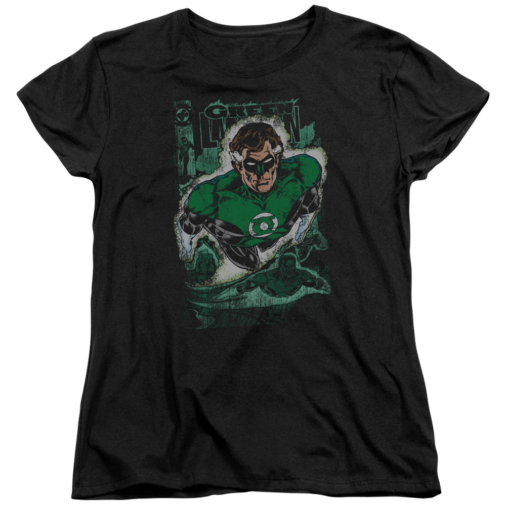 AN OFFCIALLY LICENSED JLA GREEN LANTERN #1 DISTRESS WOMEN'S REGULAR FIT T-SHIRT BLACK