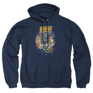 AN OFFCIALLY LICENSED JLA STAR GROUP ADULT UNISEX PULLOVER HOODIE NAVY