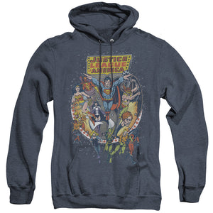 AN OFFCIALLY LICENSED JLA STAR GROUP ADULT UNISEX HEATHER PULLOVER HOODIE NAVY