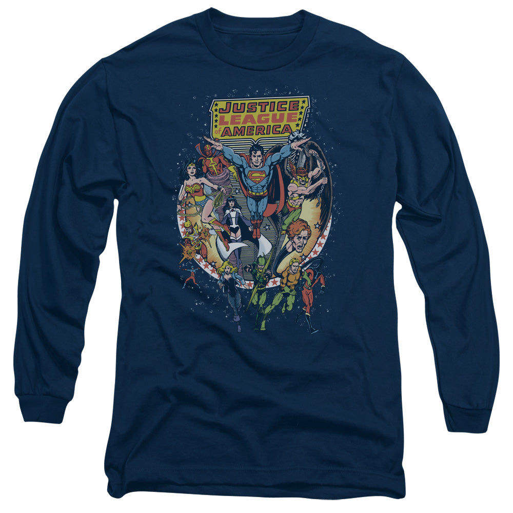 AN OFFCIALLY LICENSED JLA STAR GROUP MEN'S LONG SLEEVE T-SHIRT NAVY