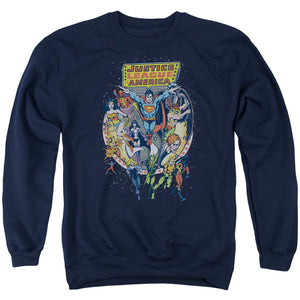 AN OFFCIALLY LICENSED JLA STAR GROUP ADULT UNISEX CREWNECK SWEATSHIRT NAVY