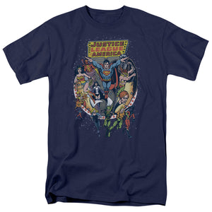 AN OFFCIALLY LICENSED JLA STAR GROUP MEN'S REGULAR FIT T-SHIRT NAVY