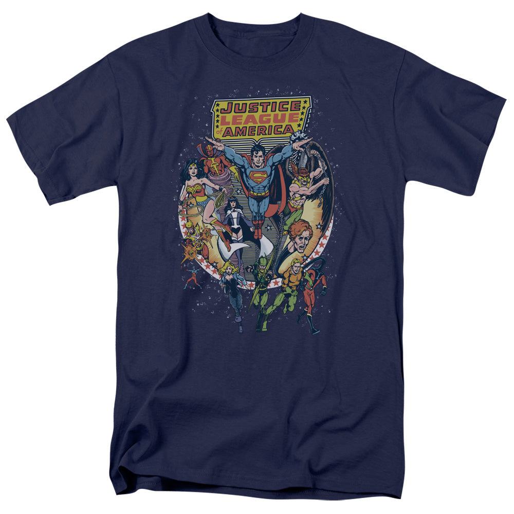 AN OFFCIALLY LICENSED JLA STAR GROUP MEN'S REGULAR FIT T-SHIRT NAVY