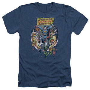 AN OFFCIALLY LICENSED JLA STAR GROUP MEN'S HEATHER T-SHIRT NAVY