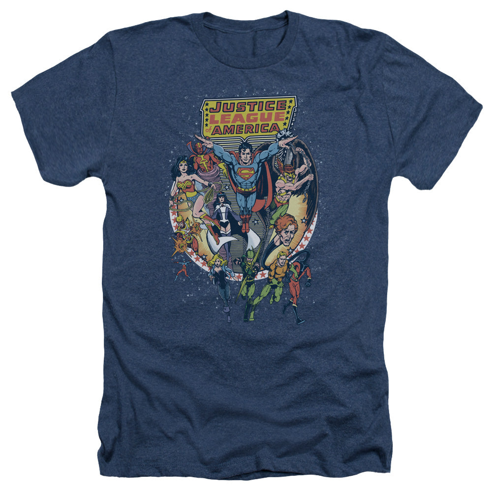 AN OFFCIALLY LICENSED JLA STAR GROUP MEN'S HEATHER T-SHIRT NAVY