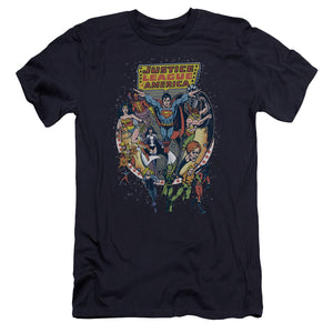 AN OFFCIALLY LICENSED JLA STAR GROUP MEN'S PREMIUM SLIM FIT T-SHIRT NAVY