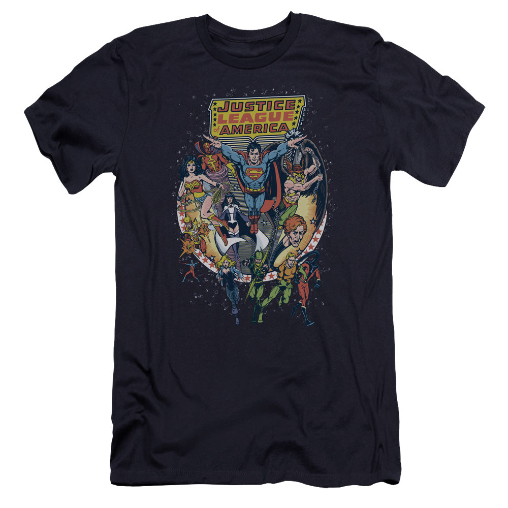 AN OFFCIALLY LICENSED JLA STAR GROUP MEN'S PREMIUM SLIM FIT T-SHIRT NAVY