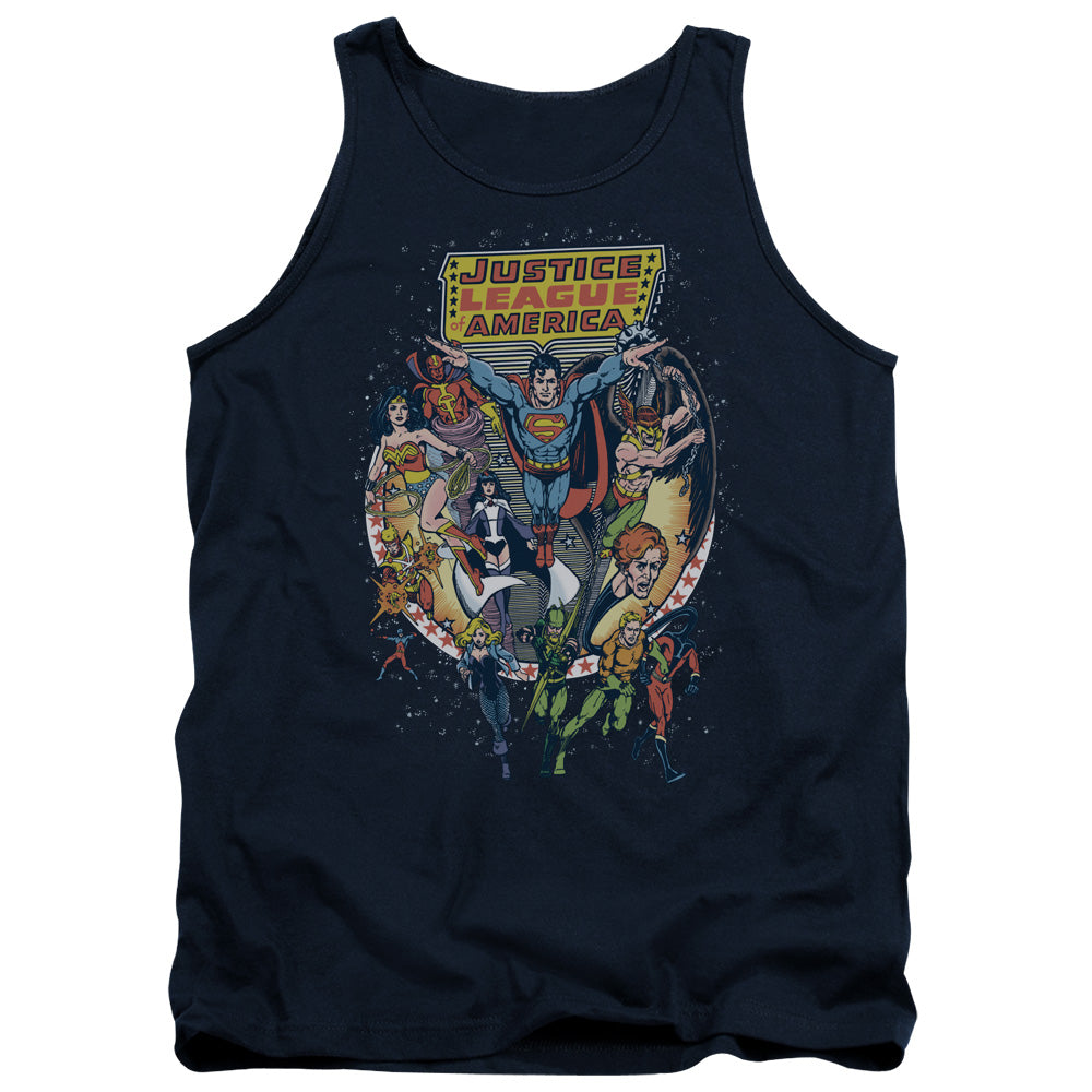 AN OFFCIALLY LICENSED JLA STAR GROUP ADULT UNISEX TANK TOP NAVY
