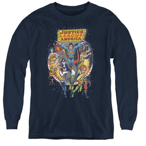 AN OFFCIALLY LICENSED JLA STAR GROUP YOUTH LONG SLEEVE T-SHIRT NAVY