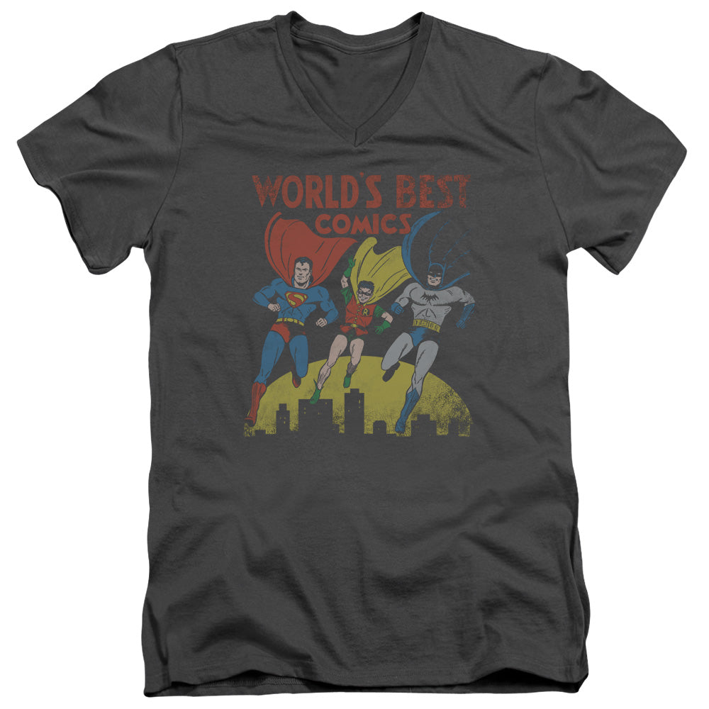 AN OFFCIALLY LICENSED JLA WORLDS BEST MEN'S V-NECK T-SHIRT CHARCOAL
