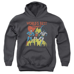 AN OFFCIALLY LICENSED JLA WORLDS BEST YOUTH HOODIE CHARCOAL