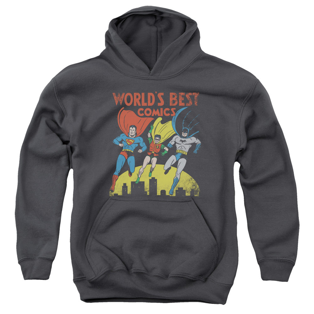 AN OFFCIALLY LICENSED JLA WORLDS BEST YOUTH HOODIE CHARCOAL