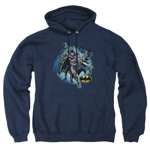 AN OFFCIALLY LICENSED JLA BATMAN COLLAGE ADULT UNISEX PULLOVER HOODIE NAVY