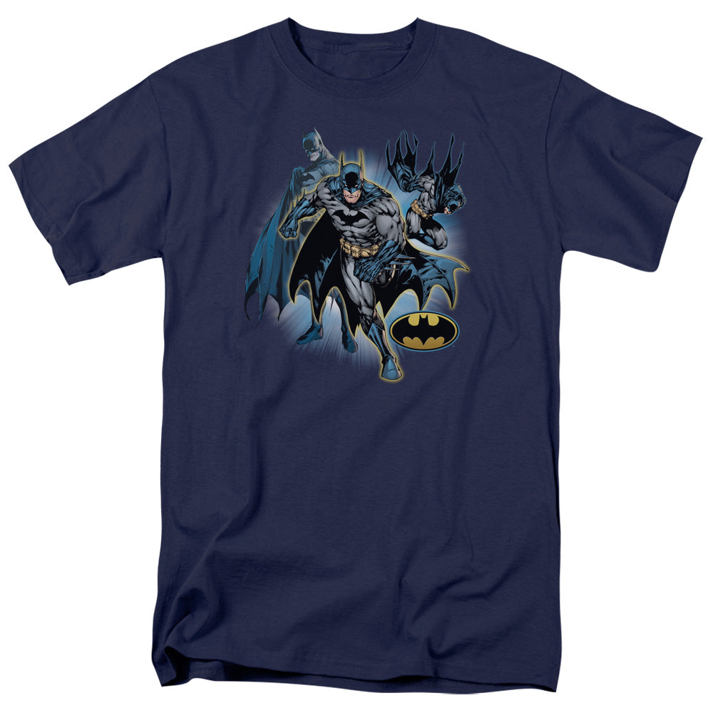 AN OFFCIALLY LICENSED JLA BATMAN COLLAGE MEN'S REGULAR FIT T-SHIRT NAVY