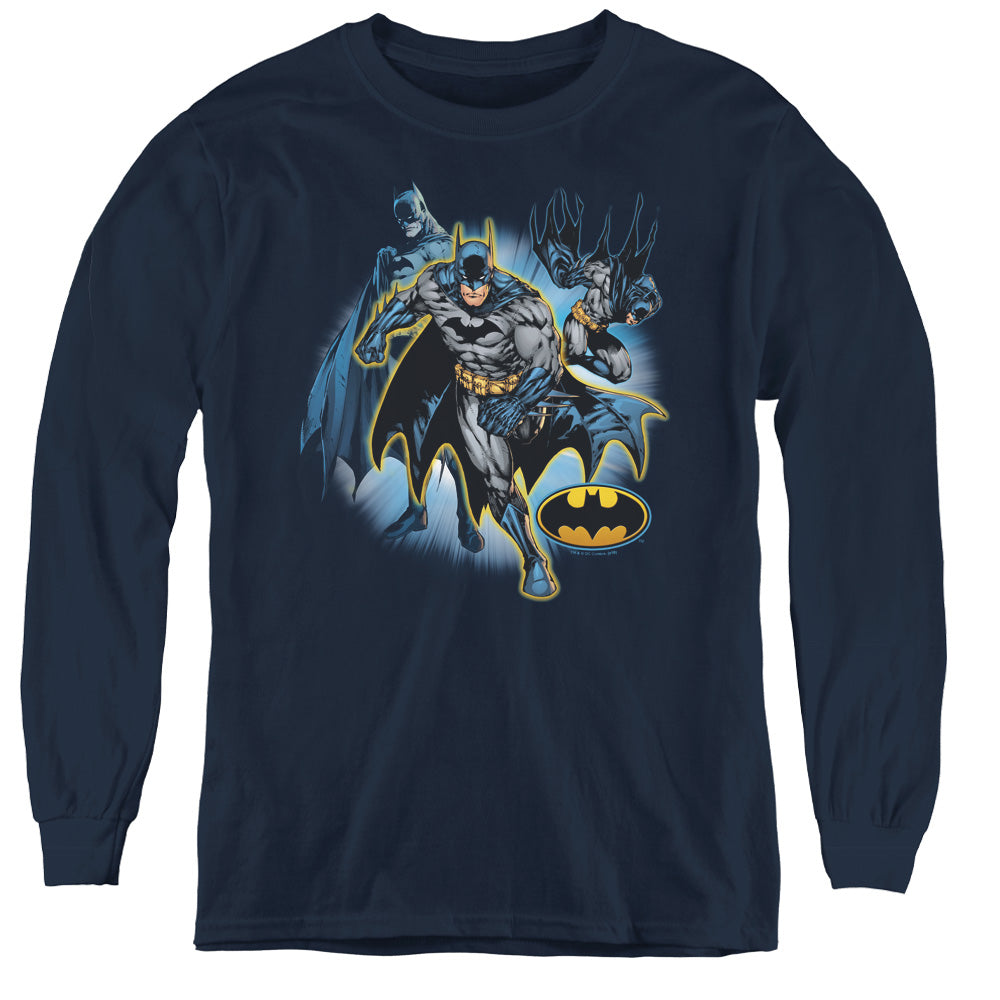 AN OFFCIALLY LICENSED JLA BATMAN COLLAGE YOUTH LONG SLEEVE T-SHIRT NAVY