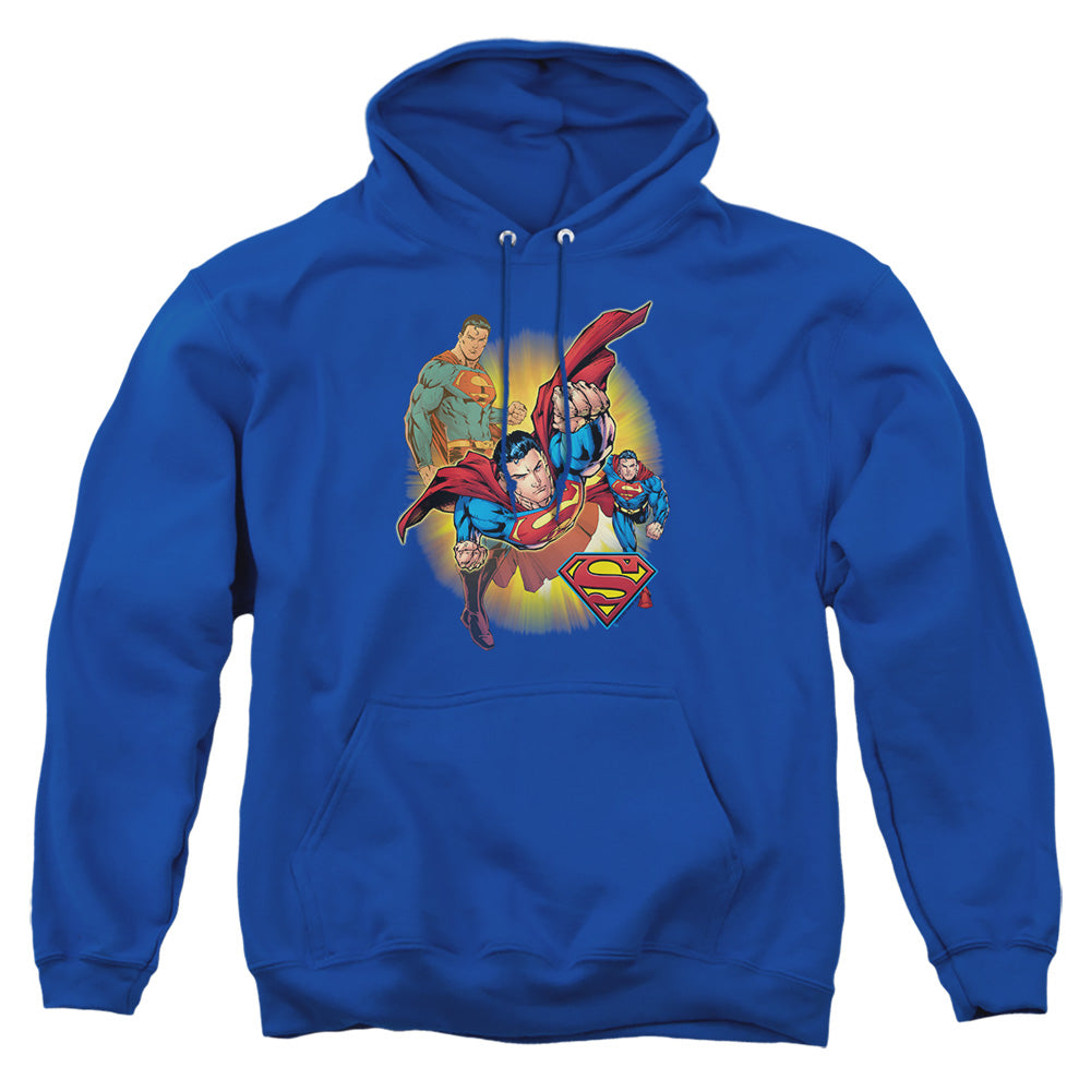 AN OFFCIALLY LICENSED DC SUPERMAN SUPERMAN COLLAGE ADULT UNISEX PULLOVER HOODIE ROYAL