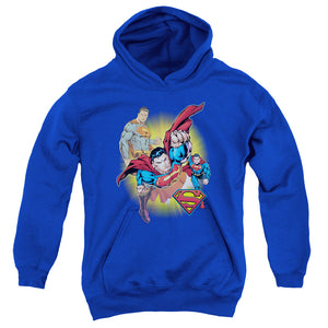 AN OFFCIALLY LICENSED DC SUPERMAN SUPERMAN COLLAGE YOUTH HOODIE ROYAL