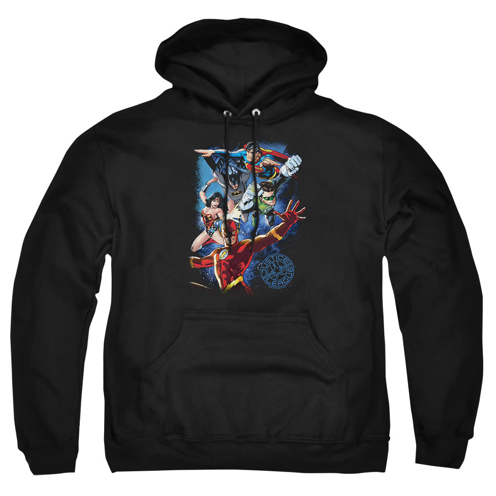 AN OFFCIALLY LICENSED JLA GALACTIC ATTACK COLOR ADULT UNISEX PULLOVER HOODIE BLACK