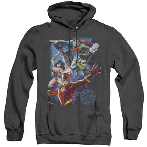 AN OFFCIALLY LICENSED JLA GALACTIC ATTACK COLOR ADULT UNISEX HEATHER PULLOVER HOODIE BLACK