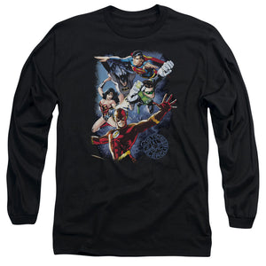 AN OFFCIALLY LICENSED JLA GALACTIC ATTACK COLOR MEN'S LONG SLEEVE T-SHIRT BLACK