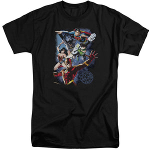 AN OFFCIALLY LICENSED JLA GALACTIC ATTACK COLOR MEN'S TALL FIT T-SHIRT BLACK