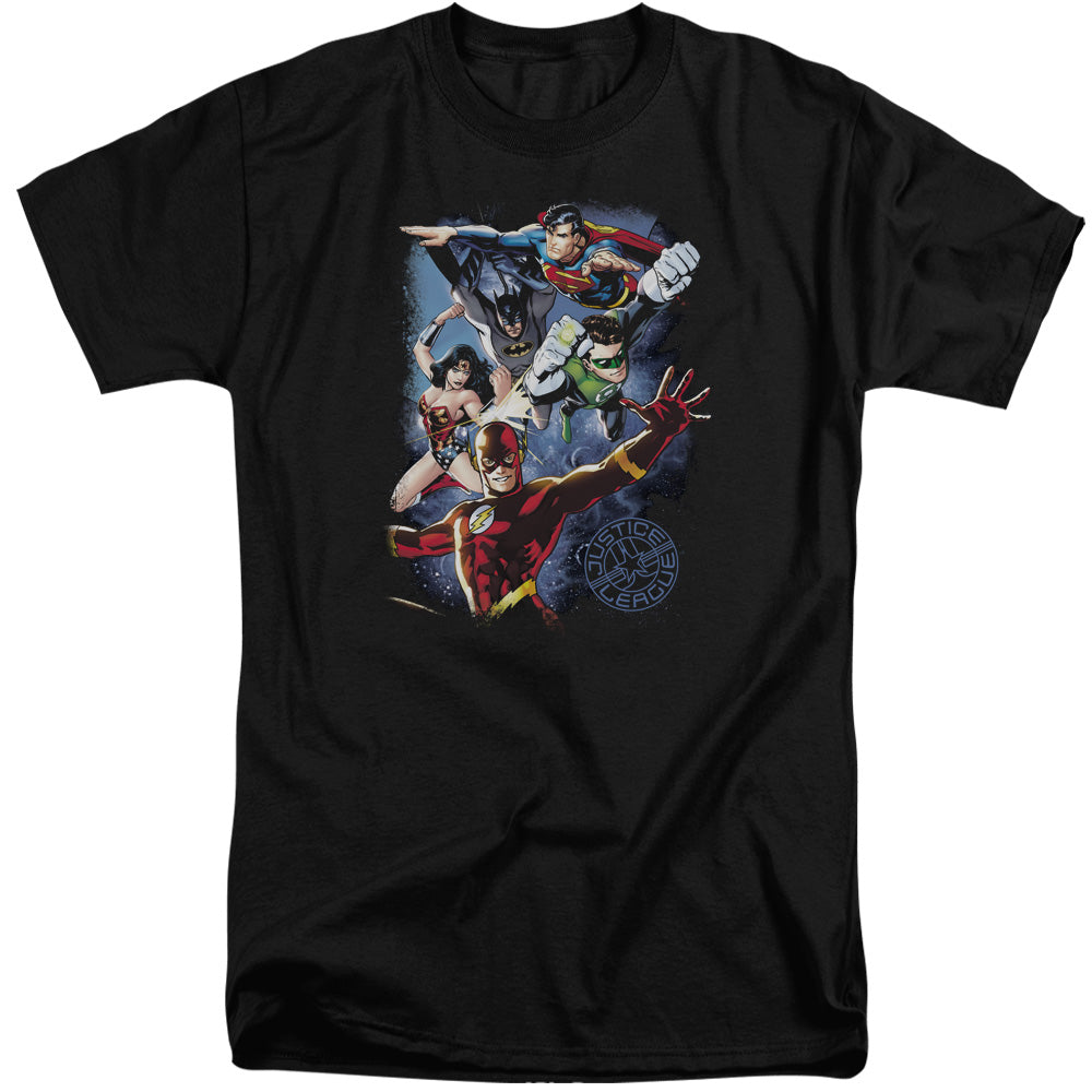 AN OFFCIALLY LICENSED JLA GALACTIC ATTACK COLOR MEN'S TALL FIT T-SHIRT BLACK
