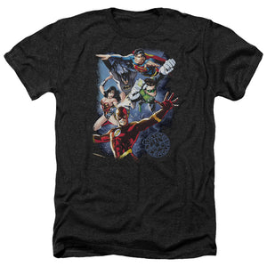 AN OFFCIALLY LICENSED JLA GALACTIC ATTACK COLOR MEN'S HEATHER T-SHIRT CHARCOAL
