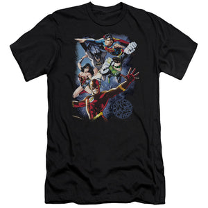 AN OFFCIALLY LICENSED JLA GALACTIC ATTACK COLOR MEN'S PREMIUM SLIM FIT T-SHIRT BLACK