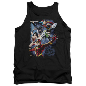 AN OFFCIALLY LICENSED JLA GALACTIC ATTACK COLOR ADULT UNISEX TANK TOP BLACK