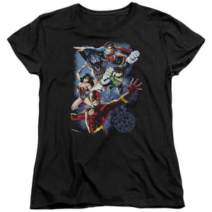 AN OFFCIALLY LICENSED JLA GALACTIC ATTACK COLOR WOMEN'S REGULAR FIT T-SHIRT BLACK