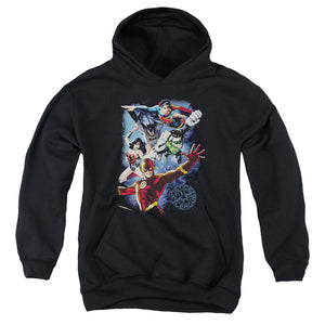 AN OFFCIALLY LICENSED JLA GALACTIC ATTACK COLOR YOUTH HOODIE BLACK