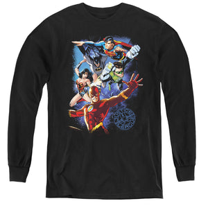 AN OFFCIALLY LICENSED JLA GALACTIC ATTACK COLOR YOUTH LONG SLEEVE T-SHIRT BLACK