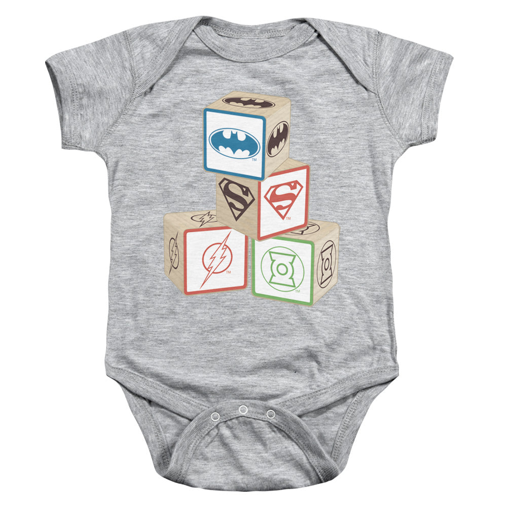 AN OFFCIALLY LICENSED JLA BABY BLOCK BABY BODYSUIT ATHLETIC HEATHER