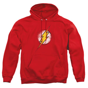 AN OFFCIALLY LICENSED JLA DESTROYED FLASH LOGO ADULT UNISEX PULLOVER HOODIE RED